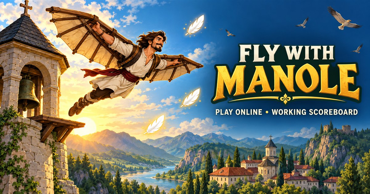 Illustration of Manole flying from a bell tower with wooden wings
